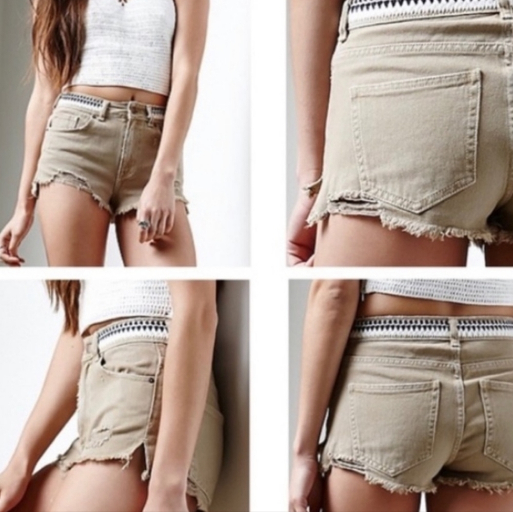 P.S. Erin Wasson Beige Raw Hem Denim Shorts w/ Navy & White Embroidery Detail